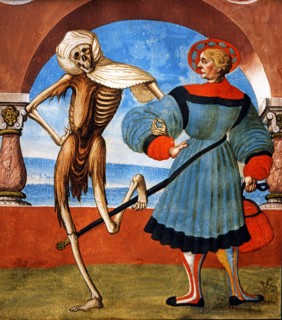 Kauw, The Dance of the Death cycle: Death with the Burgher and the Stallholder (detail)