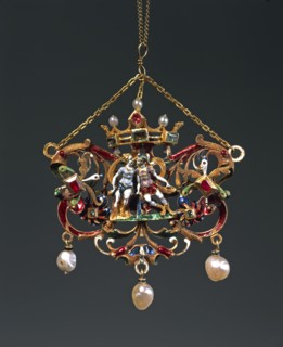 Pendentif : Barque avec deux amoureux sous une tente et figures de la Commedia dell'Arte