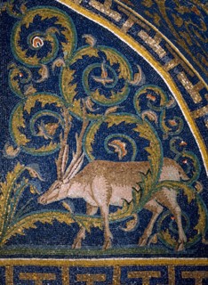 Mausoleum of Galla Placidia in Ravenna: lunette with deer facing each other drinking from the Fountain of Life (detail)