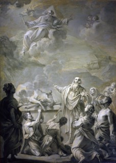 Noe offers a sacrifice to God after her exit from the Ark