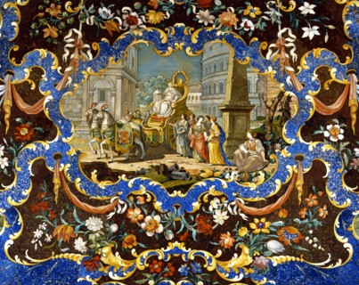 Plateau de table en marqueterie de pierres dures orné du "Triomphe d'Europe et les quatre saisons"