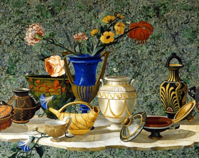 Plateau de table en marqueterie pierres dures orné d'une composition de vases antiques