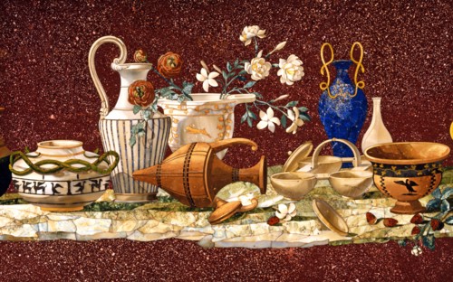 Plateau de table en porphyre et marqueterie de pierres dures orné d'une composition de vases antiques