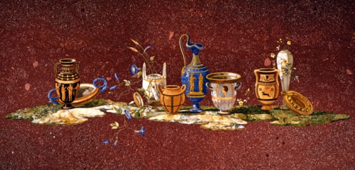 Plateau de table en porphyre et marqueterie de pierres dures orné d'une composition de vases antiques