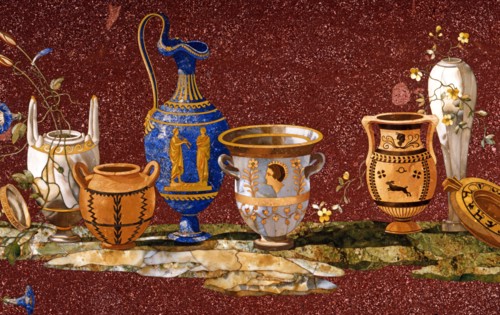 Plateau de table en porphyre et marqueterie de pierres dures orné d'une composition de vases antiques