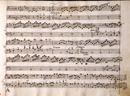 Copie manuscrite de la partition de la "Sonata per violino, violone e cembalo", d'Arcangelo Corelli