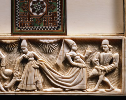 Ivory chessboard, ebony wood and iron. Detail. Chivalrous meeting. Noble lady with servant and little dog.