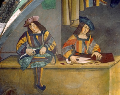 Fabric shop. Two seamstresses at work (detail)