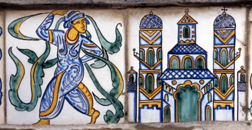 Majolica, Arab dancer, and the great churches of Christianity.