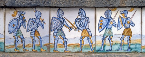 Majolica, soldiers in armor with swords and shields.
