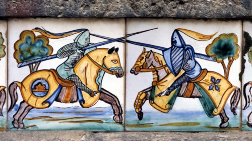 Majolica, Tournament. Knights in armor