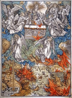 Albrecht Durer. The seven angels of Revelation, with the sound of trumpets, bring death and destruction into the world