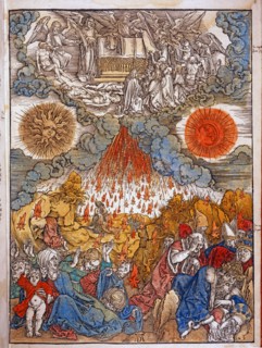 Albrecht Dürer. Le sixième sceau. Le tremblement de terre. L’occultation du soleil. La lune devient rouge de sang, et les étoiles tombent sur la terre
