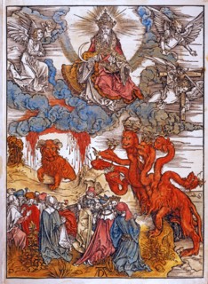 Albrecht Dürer. La bête à sept têtes qui opérait de grands prodiges, comme la pluie du ciel. Le grand dragon sorti de la mer, obligeant l'humanité à adorer la Bête à sept têtes
