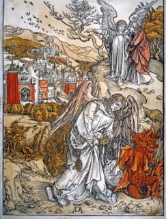 Albrecht Durer. The angel descends from heaven with the keys of the abyss, and traps the demon, who will remain locked up for a thousand years