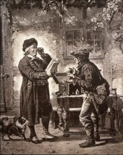Mobile eyeglass salesman, with a customer.