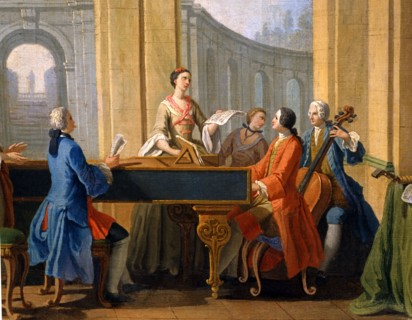 Zocchi, Les Arts : La Musique. Concert au piano et violoncelle. Détail.