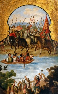 Paravent décoré de scènes de la conquête espagnole