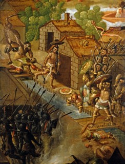 Paravent décoré de scènes de la conquête espagnole