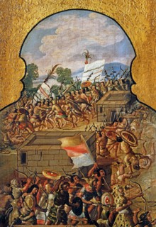 Paravent décoré de scènes de la conquête espagnole