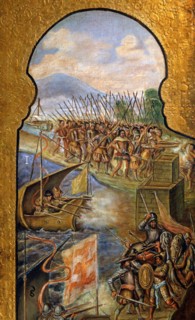 Paravent décoré de scènes de la conquête espagnole