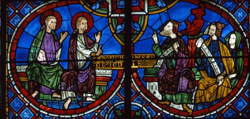 Les saints Simon et Jude face aux sorciers Zoroes et Arphatax (vitrail de Chartres)