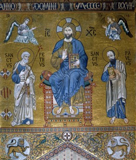 Christ bénissant, entre saint Pierre et vsaint Paul. Chapelle palatine de Palerme.