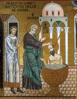Ananie de Damas, disciple de Jésus, baptise Paul de Tarse (saint Paul) après l'avoir guéri de sa cécité