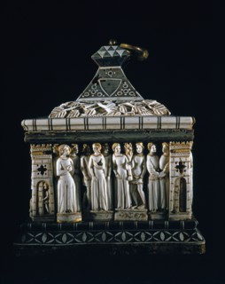 Coffret en os sculpté et bois décoré