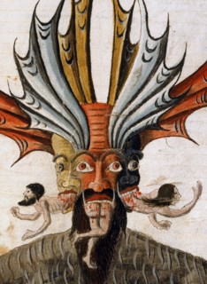"La Divine Comédie", l'Enfer : Dante et Virgile face à Lucifer dévorant les trois traîtres de l'Eglise et de l'Empire
