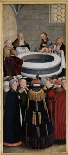 Cranach l'Ancien, Retable de la Réforme, panneau de gauche : Philippe Mélanchton baptisant un enfant