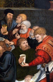 Cranach l'Ancien, Retable de la Réforme, détail du panneau central : Martin Luther et Lucas Cranach le Jeune