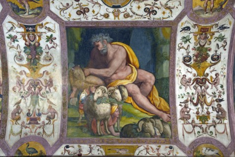Allori, Ulysse et ses compagnons sortent de la grotte de Polyphème en se cachant parmi les moutons