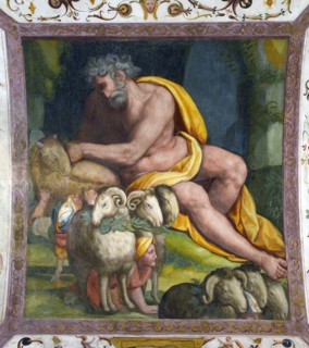 Allori, Ulysse et ses compagnons sortent de la grotte de Polyphème en se cachant parmi les moutons (détail)