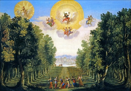 Décor de l'opéra "La Vénus jalouse" : Le Bois délicieux de l'île de Naxos. Flora, avec un chœur de Zephyrs, est élevée au Ciel