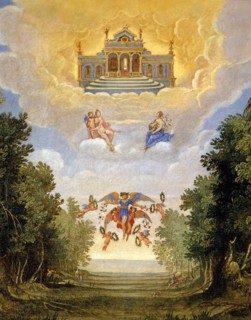 Décor de l'opéra "La Vénus jalouse" : Vénus et Clio dans les nuages, devant le palais de Vénus brillant de joie (détail)