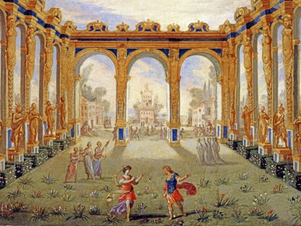 Décor de l'opéra "La Vénus jalouse" : La cour des Champs Elysées