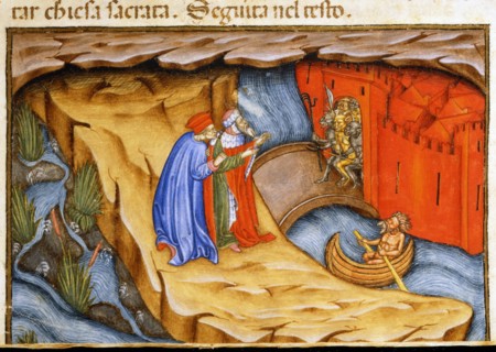 "La Divine Comédie", L'Enfer : Dante et Virgile accompagnés par le démon Phlégias à la porte de la cité de Dité défendue par les démons
