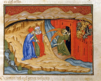 "La Divine Comédie", L'Enfer : Dante et Virgile rencontrent l'Ange envoyé par Dieu qui leur ouvre les portes de la cité infernale de Dité