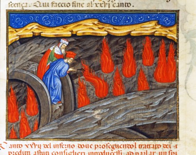 "La Divine Comédie", L'Enfer : Dante et Virgile parlent avec Ulysse condamné à brûler éternellement, depuis le pont de la 8e bolge dédiée aux conseillers frauduleux