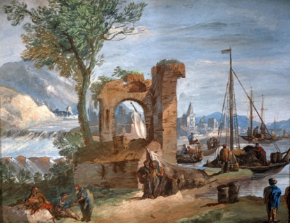 Giuseppe Bernardino Bison, Paysage imaginaire. Port avec ruines et cascade