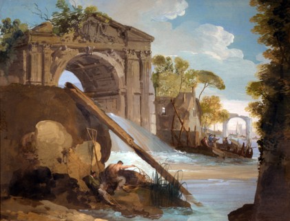 Giuseppe Bernardino Bison, Paysage imaginaire. Rivière avec pêcheurs et ruines