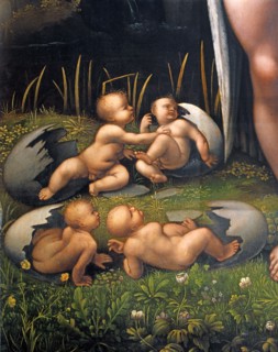 Léda et le cygne. Détails : La naissance d'Hélène et Clytemnestre, et les dioscures Castor et Pollux
