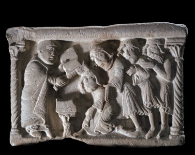 Marble stoup representing the legend of the 'Pact between the Knight and the Devil'