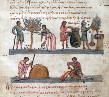 Oppien d'Apamée, "Cynégétiques" : La vie de l'agriculteur. La récolte des olives, du miel, le battage du blé, et l'abattage du mouton