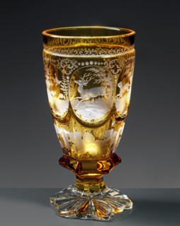 Yellow Bohemian glass, engraved with hunt scene