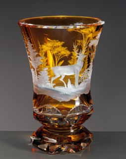 Yellow Bohemian glass, engraved with hunt scene