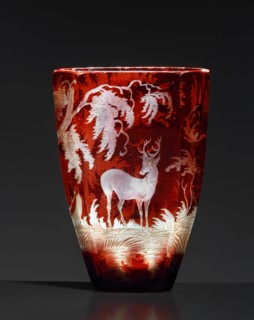 Small red Bohemian glass, engraved with hunt scene