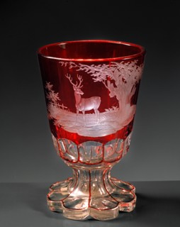 Red stemmed Bohemian glass, engraved with hunt scene