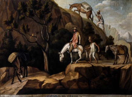 Le marchand Giuseppe Viti franchissant le saut de Sorgento pendant sa traversée des Andes avec son chargement d’albâtre
